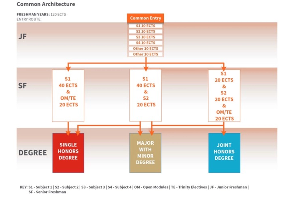 The image shows the common entry pathway for students, which allows for a selection of 4 subjects for year one for a general focus. In year 2 the students will choose one of three pathways, single honours, major with minor, or joint honours pathway. Resulting in focus on one or two subjects.