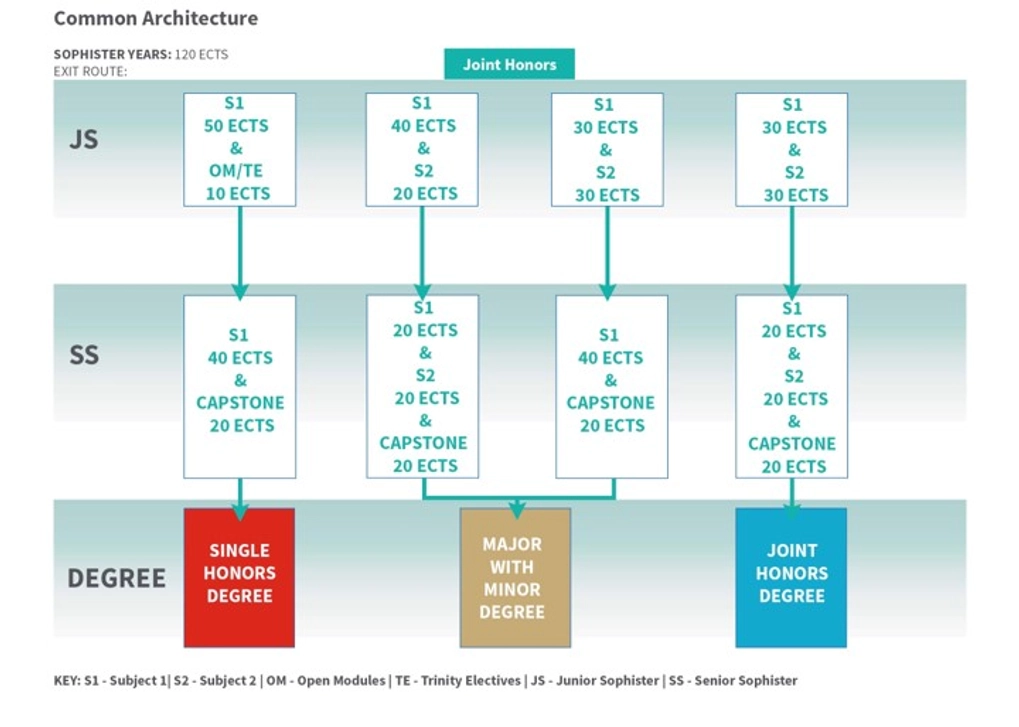 In year 3 and 4, students stay in the pathway as chosen in year 2. Single Honours students will take 10 ECTS of electives in year 3, and complete a 20 ECTS capstone project in year 4. Joint Honours and Major with Minor Degree students will take no electives, in year 3 and complete a 20 ECTS capstone project in year 4.