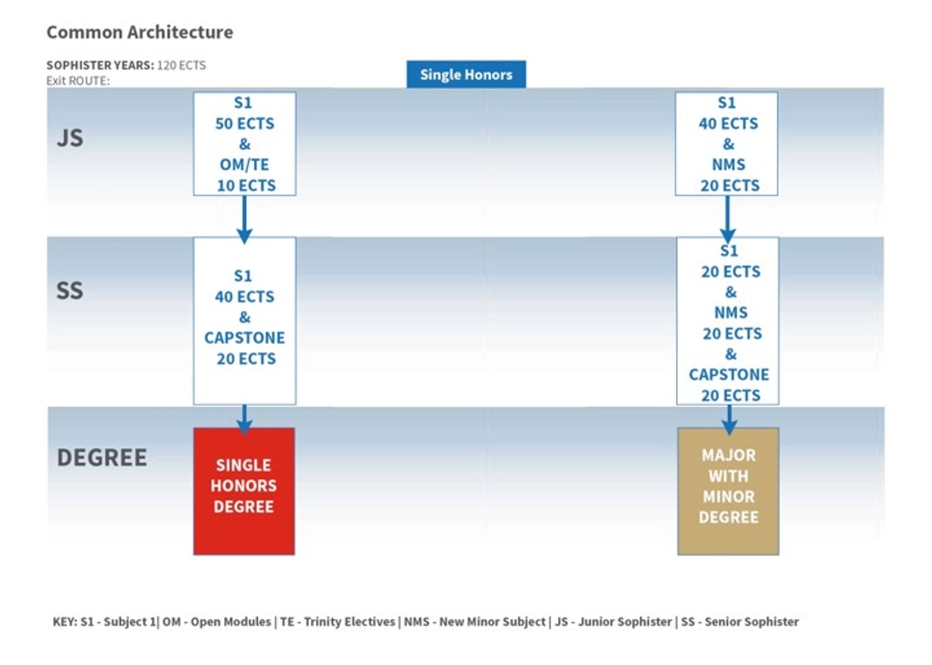 Continuing in Third and Fourth, students maintain the pathway chosen in second year (senior Fresh) to either graduate with a Single Honours Degree or a Major with Minor Degree. Both degrees either maintain a minor component of electives (singe honours) or a second minor subject (major with minor) in third year. And both have a 20 ECTS capstone project in fourth year.