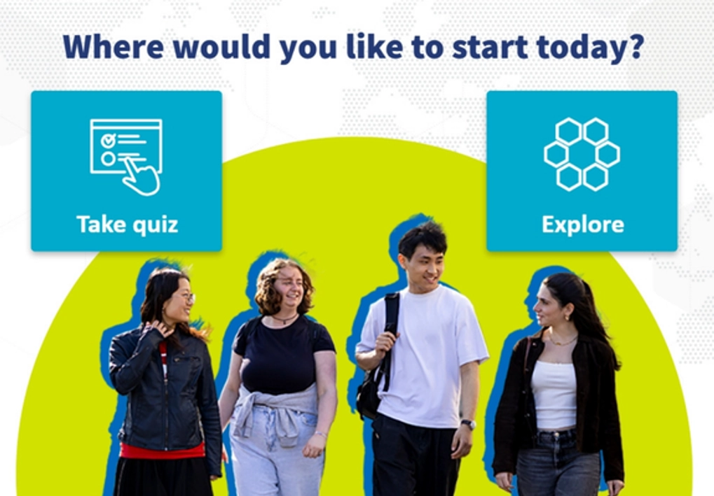 A group of students walking and smiling