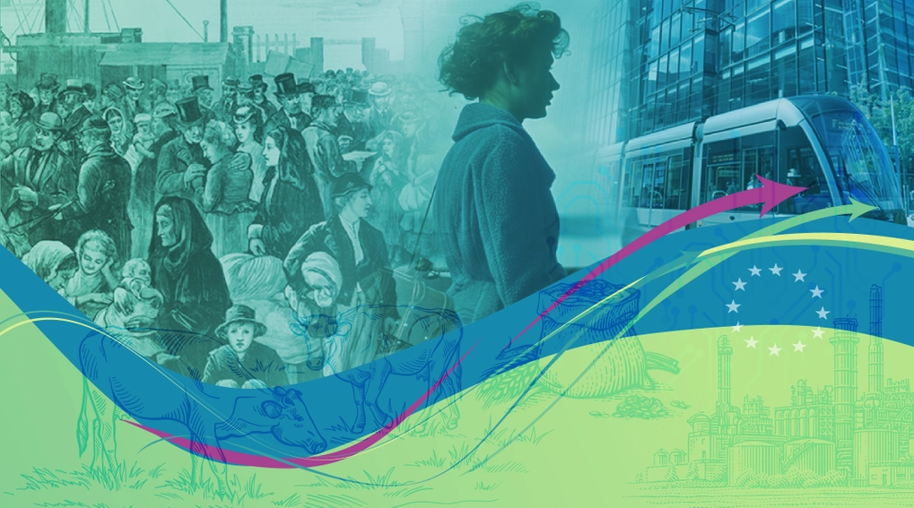 Graphic depicting different phase of Irish history, from The Great Famine, to mass emigration to Modern Ireland