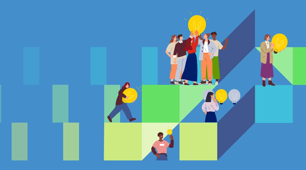 Abstract Graphic depicting people having and sharing ideas while standing on building blocks