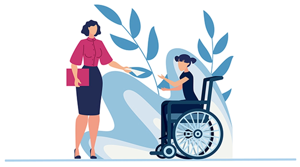 graphic of a woman greeting a girl in a wheelchair