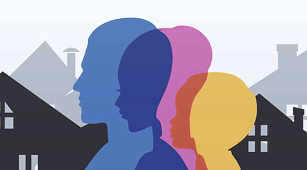 graphic of mother, father and child silhouette with house roofs in the background