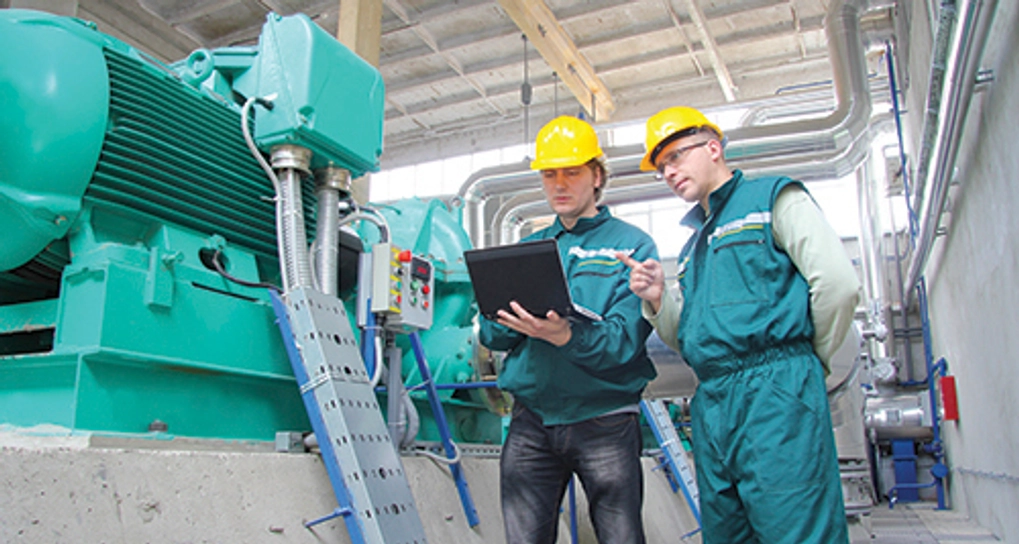 Two men in hard hats performing an industrial inspection