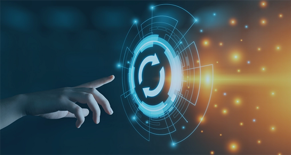 Hand pointing at a graphic with circular arrows