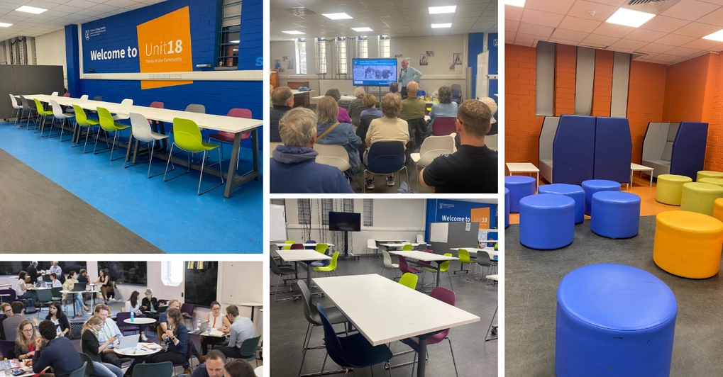 Photos of the event workspace and meeting rooms at Unit 18 in Trinity East