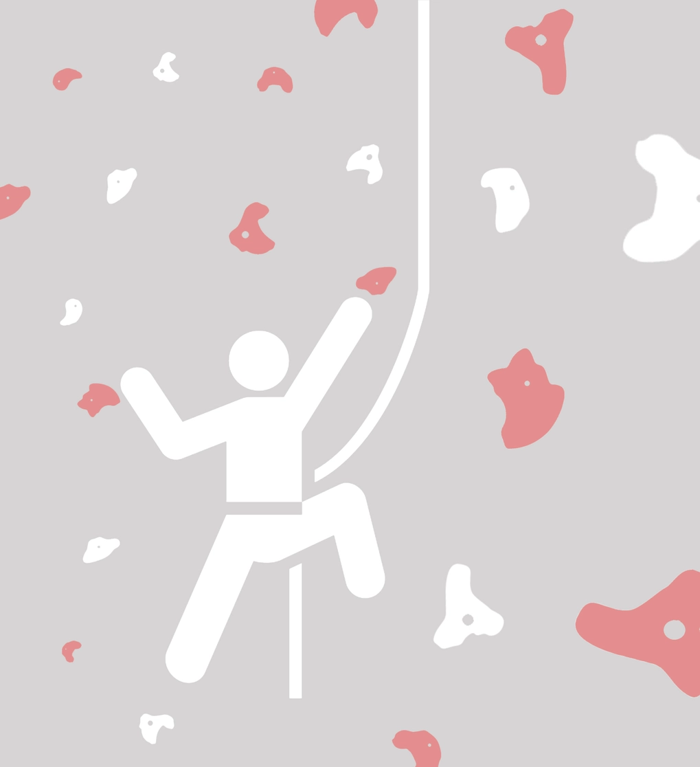 Illustration of person climbing wall in white and purple