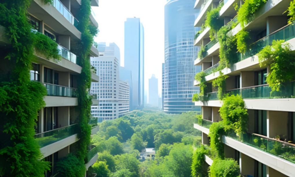 An image of a city with lots of greenery