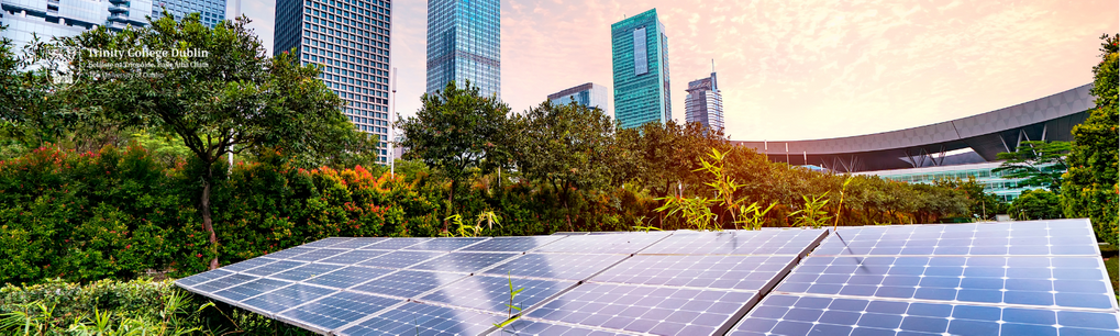 An image of a futuristic city with a park with solar panels