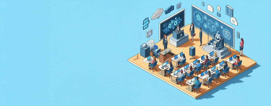 Students and teachers engaged in a futuristic classroom with AI and digital interfaces