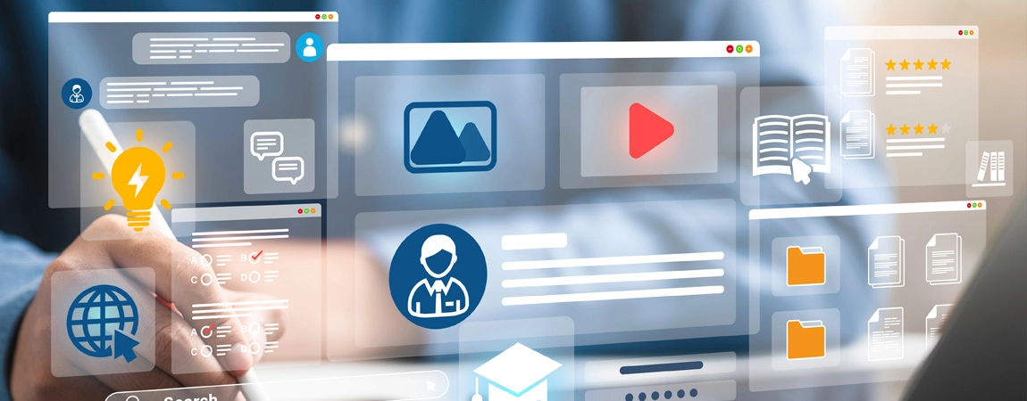 A stylised photo of an online course with multimedia elements.