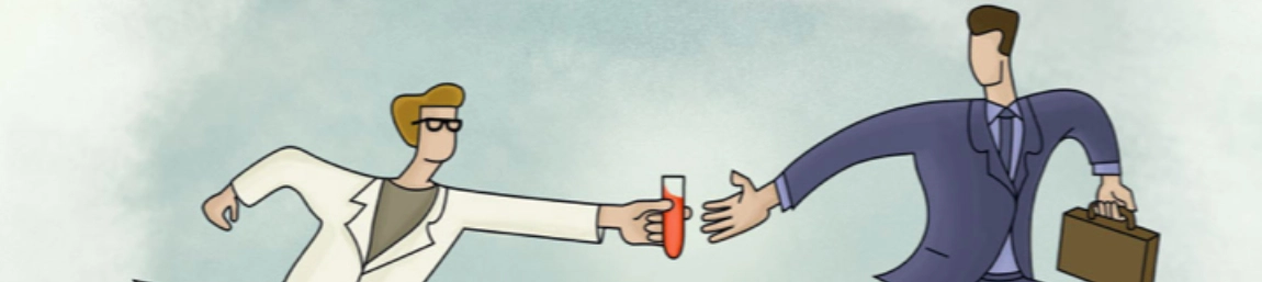 A cartoon of two people running, the person in front is trying to hand a test tube to the person behind while holding a brief case