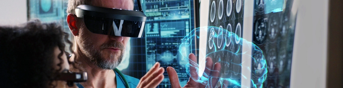 Doctors using artificial intelligence simulation to view a brain