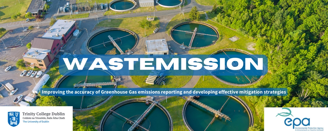 Image of wastewater treatment facility with WASTEMISSION text and the Trinity College Dublin Logo, as well as the Environmental Protection Agency Logo