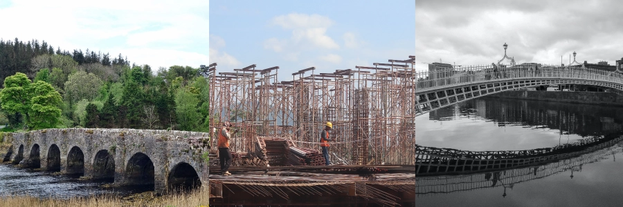 A selection of three images: an old bridge, a construction site and Ha'penny Bridge