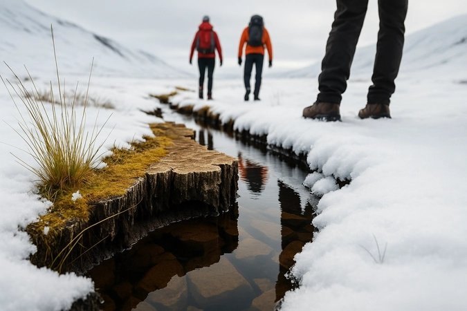 image showing a snowy natural scene of hikes and mountains in the distance and a small stream with moss and small peaks of grass in forground