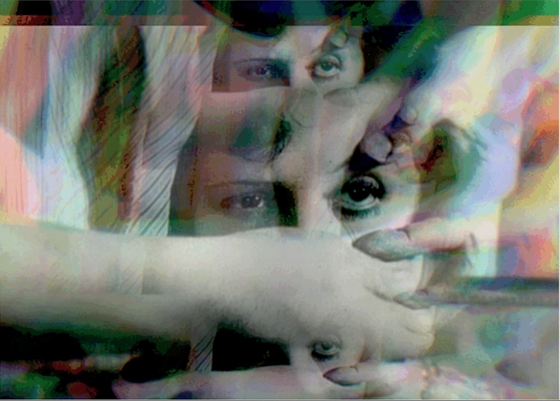 Distorted visual art of face and multiple hands in soft focus