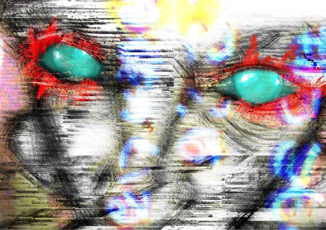 Distorted image of face with turquoise eyes digitally rendered