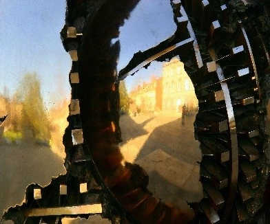 Close up picture of the Sphere Within Sphere outside of the Berkley Library
