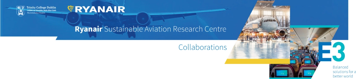 A poster image of an airplane with a sentence written over it saying Ryanair Sustainable Aviation Research Centre. Collaborations. E3