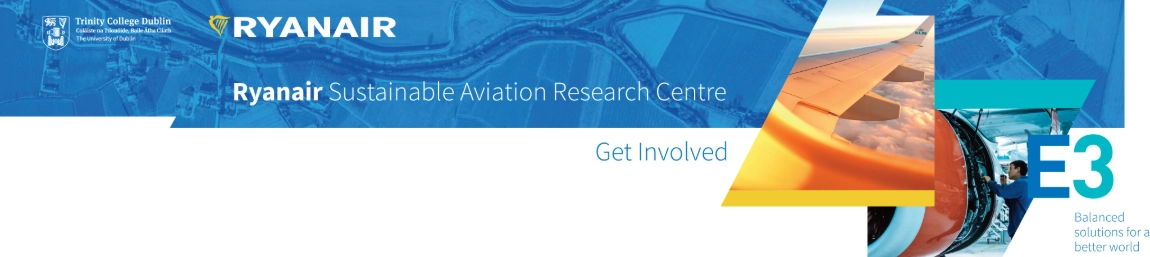 A poster image of an airplane with a sentence written over it saying Ryanair Sustainable Aviation Research Centre. Get Involved.. E3