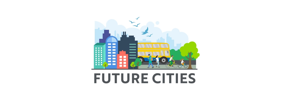 An illustration of a futuristic and sustainable city with the words FUTURE CITIES