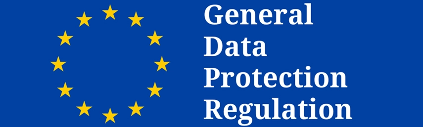 GDPR graphic, white text on blue blackground with circle of stars symbolising EU