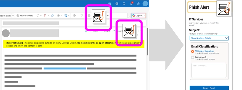diagram of the Outlook screen to demonstrate where phish alert button is