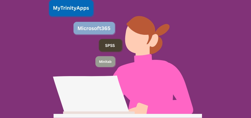 image of a student sitting at computer with software names floating around her