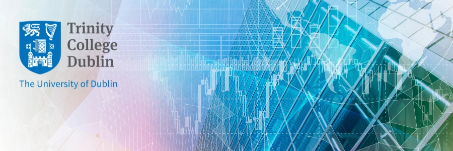 Trinity College Dublin Logo on a blue and pink data network image.