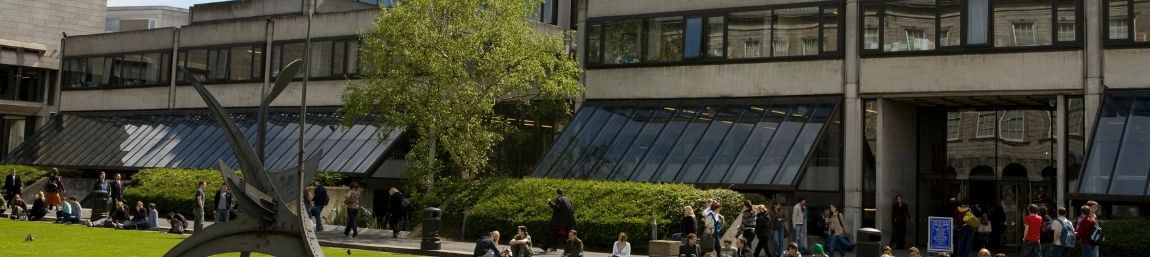 People sitting outside on green space outside the Arts Building.