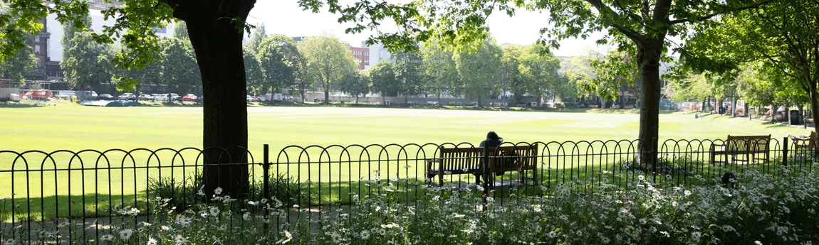 A person seated on a bench on Trinity campus.
