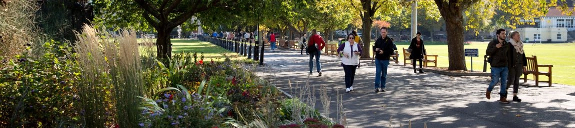 People walking along a pathway surrounded by trees and flowers.