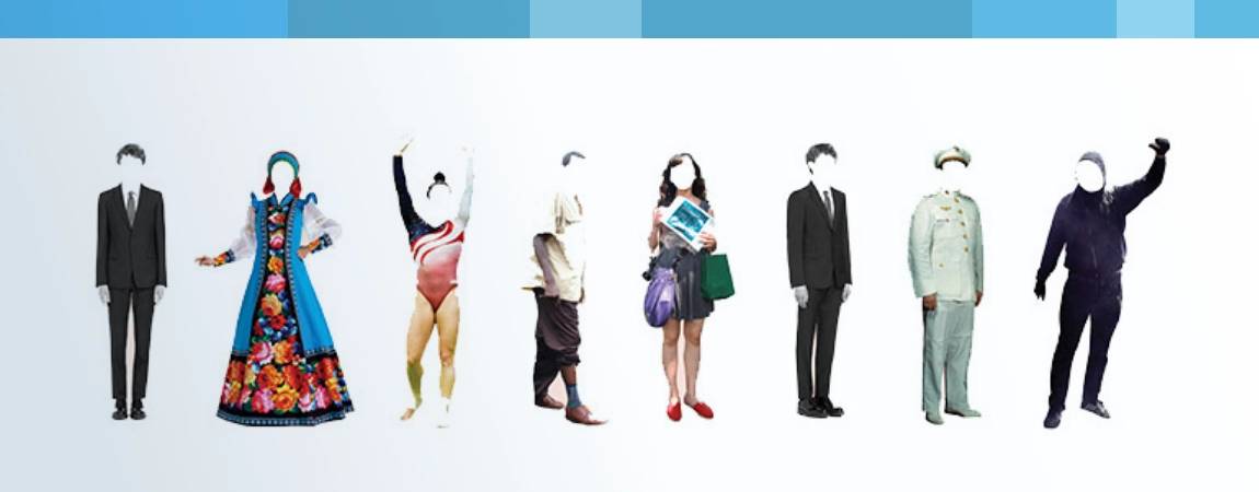 Eight illustrated figures wearing different outfits.