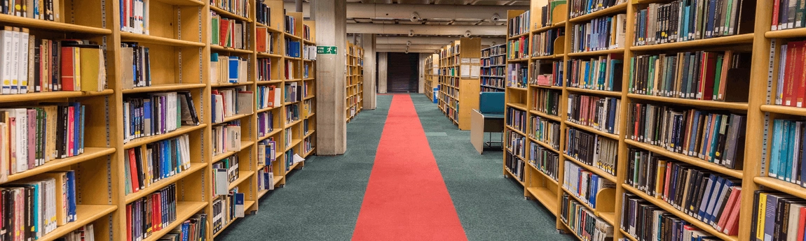 Stacks of bookshelves in the Lecky Library.