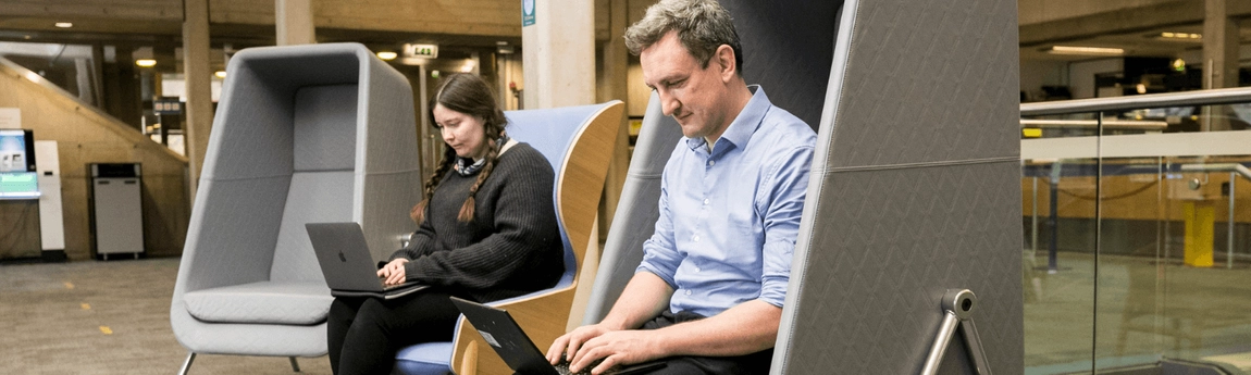 Two people working separately on laptops in the Eavan Boland Library.