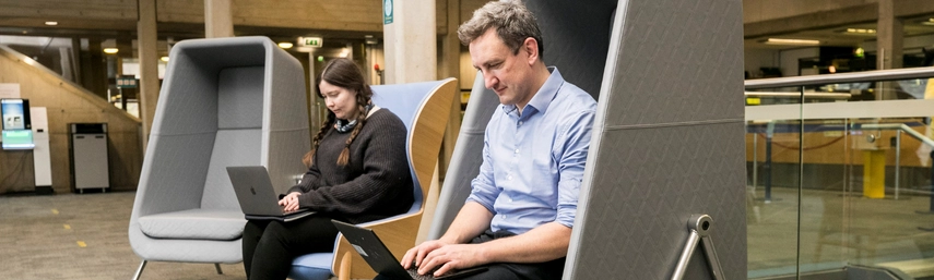 Two people working separately on laptops in the Eavan Boland Library.