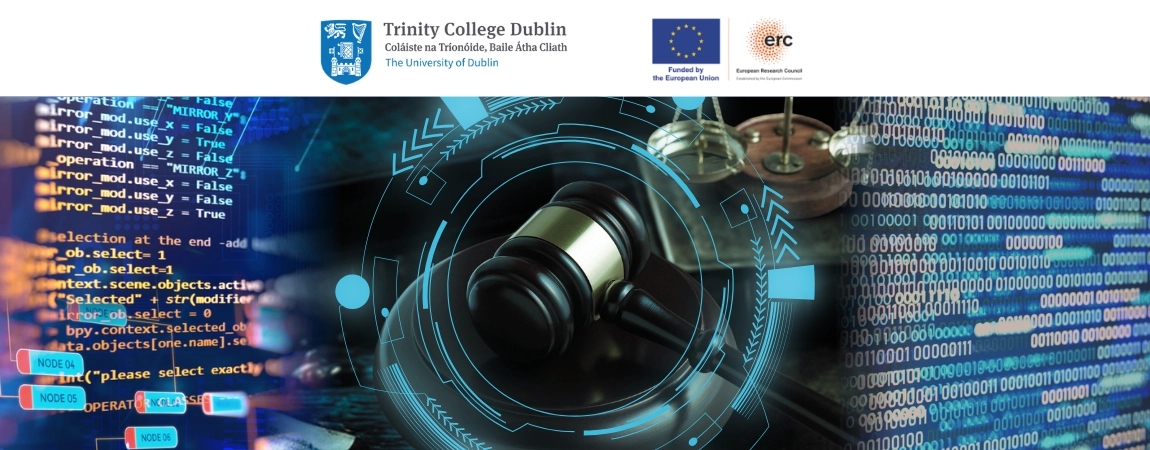 JUDGEASSIST project banner: TOP Trinity College Dublin and ERC Logo, UNDER 3 pictures centred judge hammer between computer code, digital circuitry, and binary data.