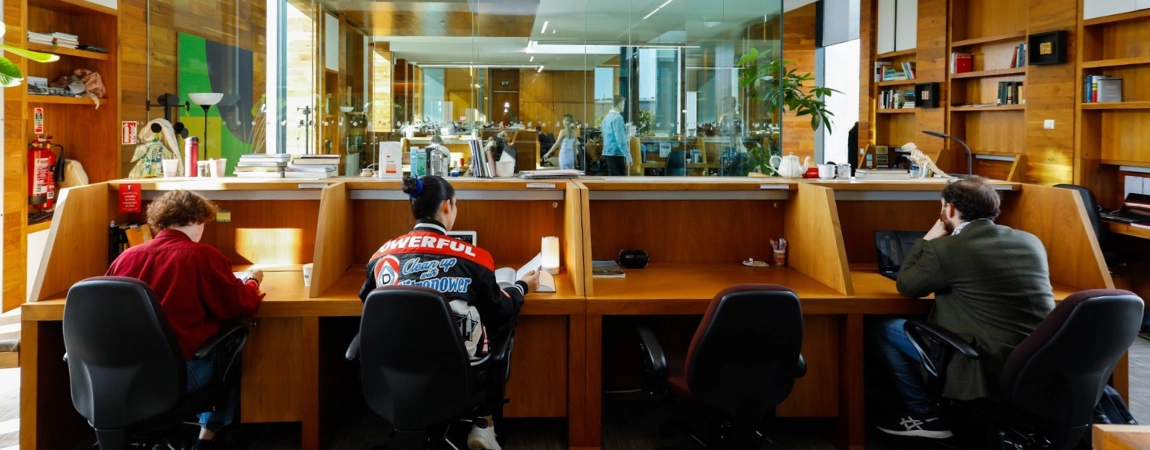 Students sitting at cubicles in the library