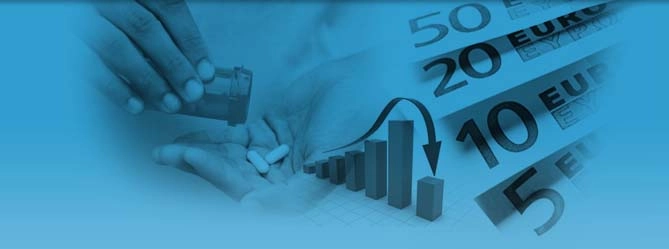 Graphic with tablets in a hand beside a statistic bar chart and money