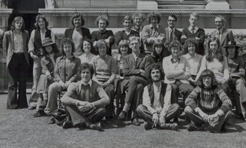 Trinity College former students, black and white image.