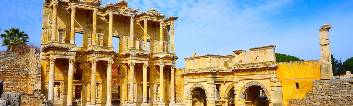 The iconic fa&ccedil;ade of the Library of Celsus in Ephesus, Turkey. Built in the 2nd century AD, this Roman architectural marvel once held over 12,000 scrolls.