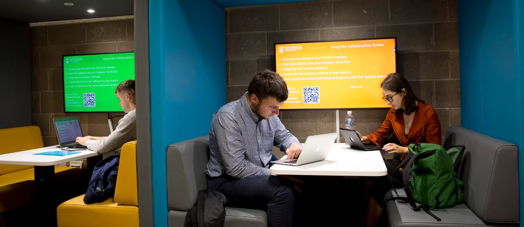 3 students looking on laptops