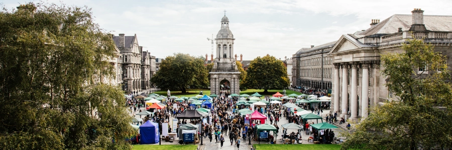 An image of all the people and club and society stands on Front Square, Trinity College Dublin