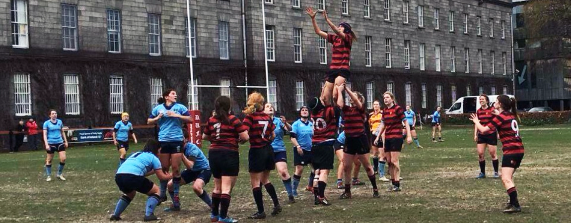 Women playing a rugby match at Trinity College Dublin