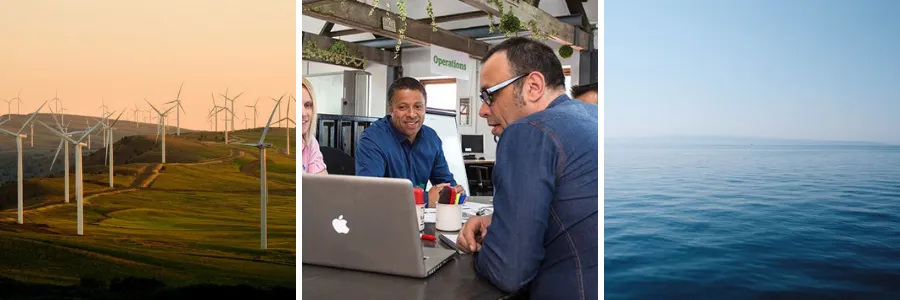 A collage of three images side-by-side of wind turbines, three people looking at a laptop discussing a project, and the ocean