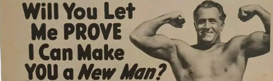 Poster with a man showing off muscles