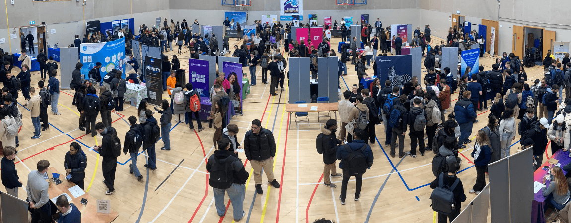 students at a careers fair at Trinity College Dublin