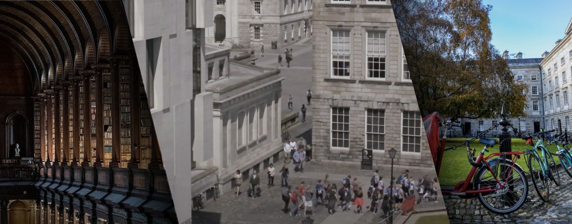 3 images of TCD, library, buildings and parked bicycles